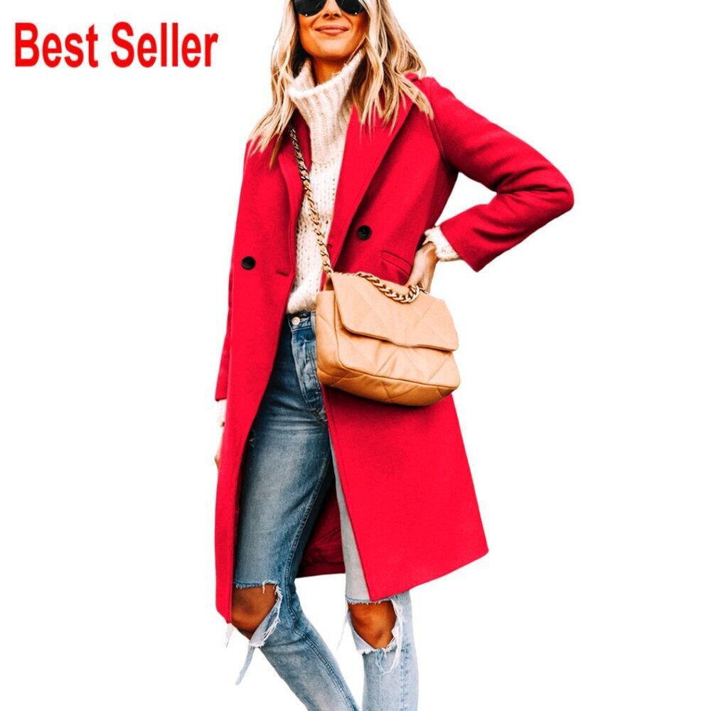 Winter Wool Peacoat Notch Lapel Slim Fit Elegant Classic Knee Length Coat